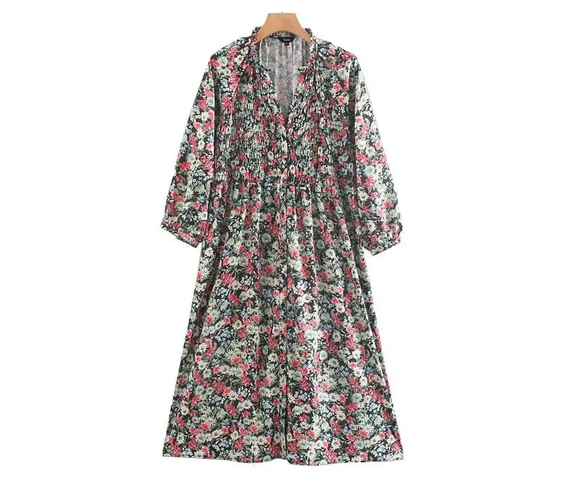 Женское винтажное платье миди с цветочным принтом v образным вырезом женские