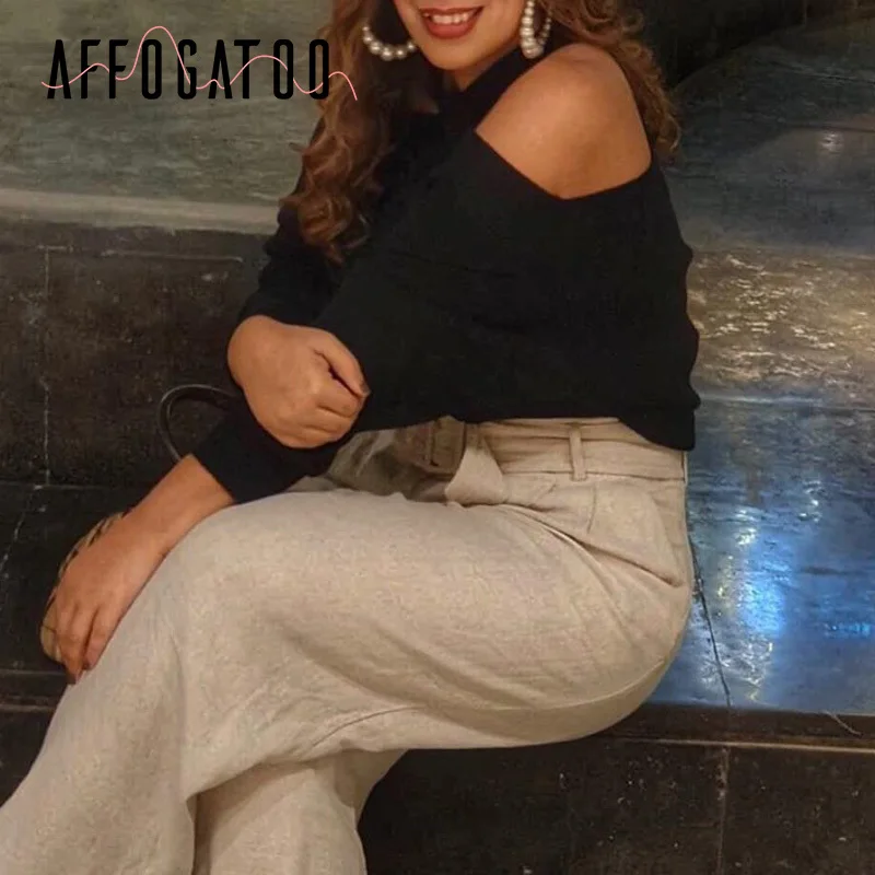 Afogatoo сексуальный Холтер с открытыми плечами вязаный белый свитер Женский