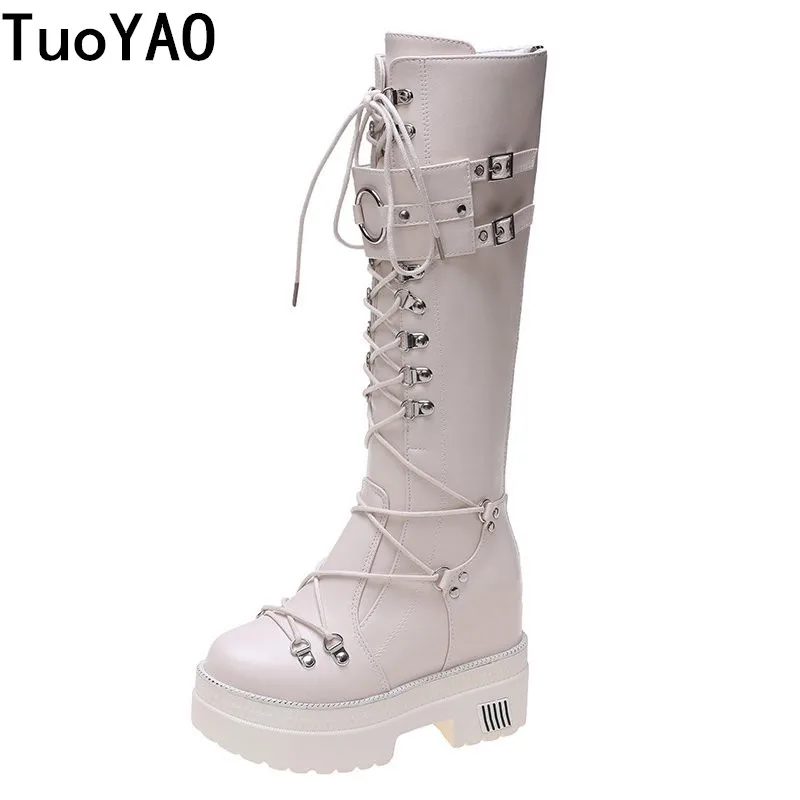 

Winter Women Knee High Boots Wedges High Heels 10CM Platform Lace up Long Boots Autumn Women Leather Sneakers Motorcycle Boots
