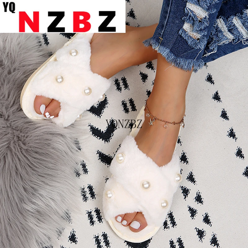 

Faux Fur House Slippers Warm Fluffy Flat Slippers Female Winter Women Slip on Home Furry Ladies Slippers Size 36-41 Wholesale
