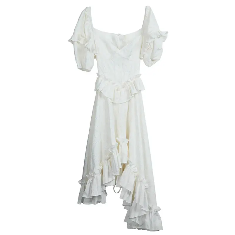 

XITAO Asymmetrical Ruffles Patchwork Dress Women White Tide Fashion New Style V Neck Collar Puff Sleeve Jacquard Elegant LDD1291