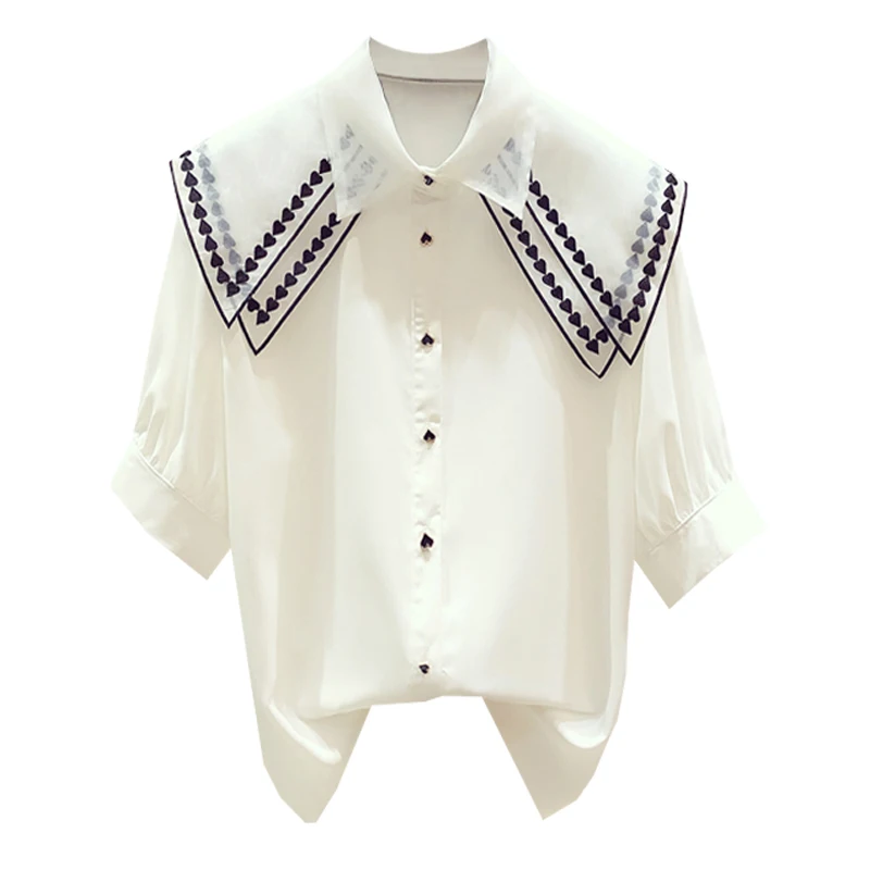 

Love Embroidered Double Doll Collar Shirt Women's Short Sleeve Blouses 2021 Summer New Design Ladies Tops Blusas