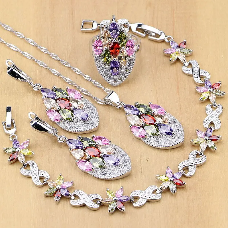 Комплект из колье и серёг серебра 925 пробы с разноцветными фианитами|jewelry sets for