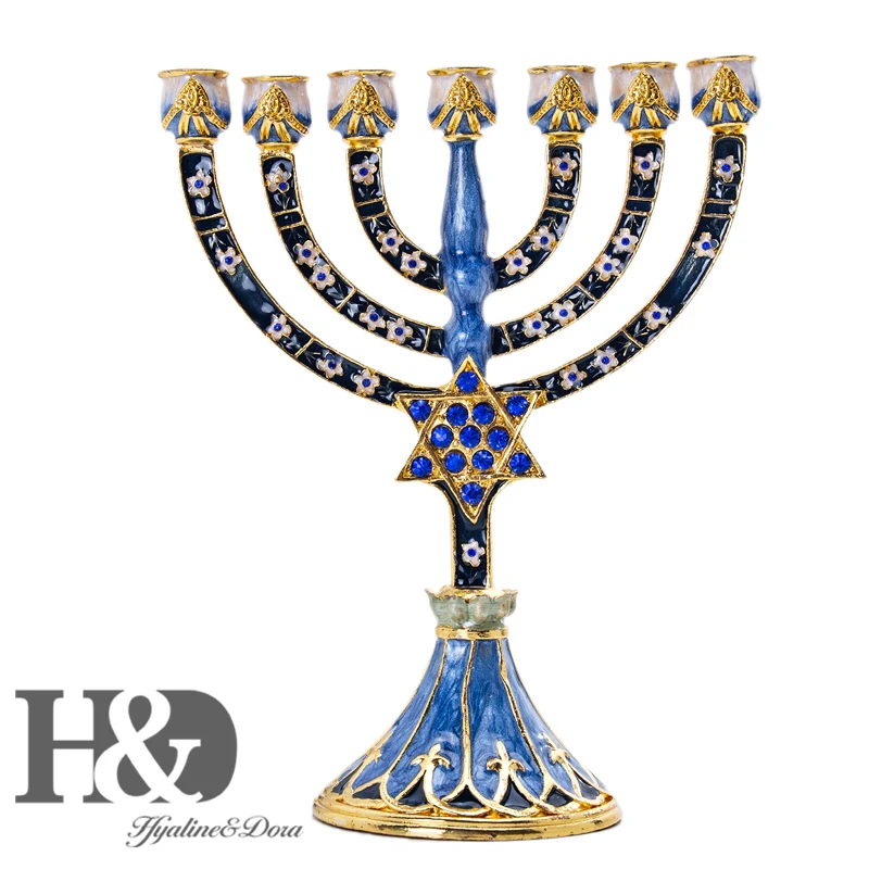 H &amp D hanukka Menorah ручная роспись эмалированные канделябры украшенные храмом Chanukah
