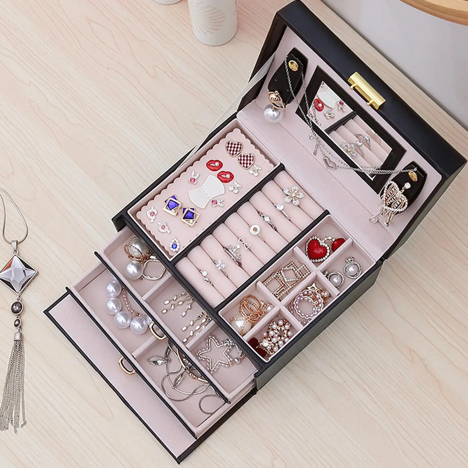 Шкатулка для драгоценностей Портативный 3-Слои искусственная кожа косметическая