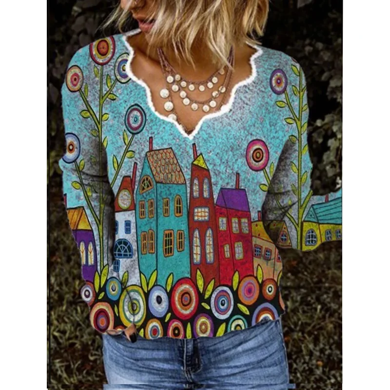 

2021 Spring Casual Long Sleeve Cut Cat V Neck Women T-Shirts Fashion Solid Color Pullover Landscape Loose Tops