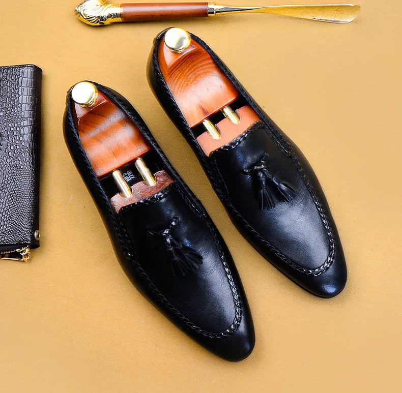 Slip On Men Brogues Formal Shoes Tassel Loafers Male Genuine Leather Black Luxury Brand Flat Comfortable Dress | Обувь