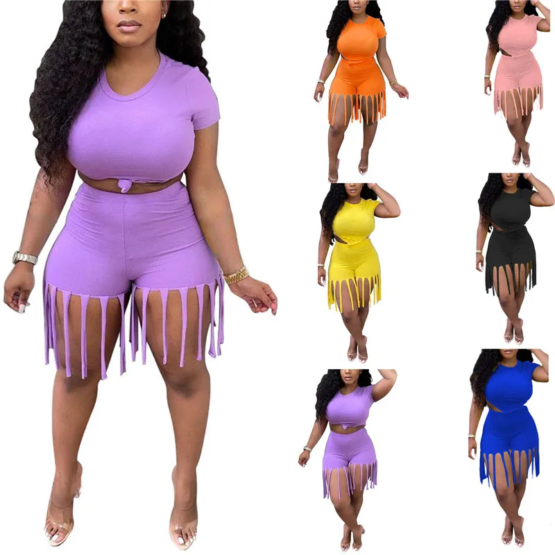 

Women Summer Sports Outfits Short Sets Plus Size S-5XL Round Neck Short Sleeve Knot Crop Top + Tassel Short Pants Tracksuits
