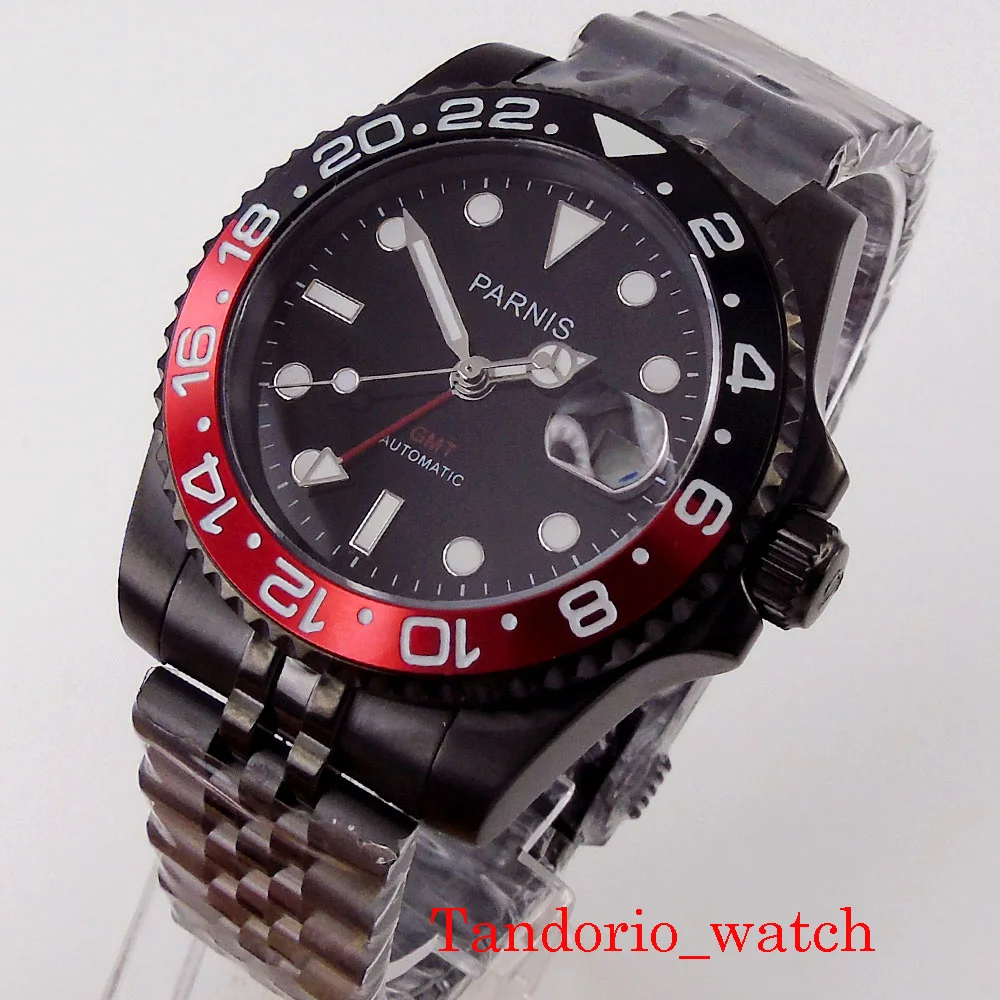 

Black PVD Plated GMT 40mm Parnis Automatic Men Watch Sapphire Glass Date Luminous Marks Unidirectional Bezel Jubilee Strap