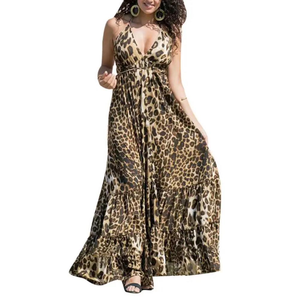 

Сексуальное летнее пляжное женское платье макси на бретелях-спагетти с леопардовым принтом и открытой спиной