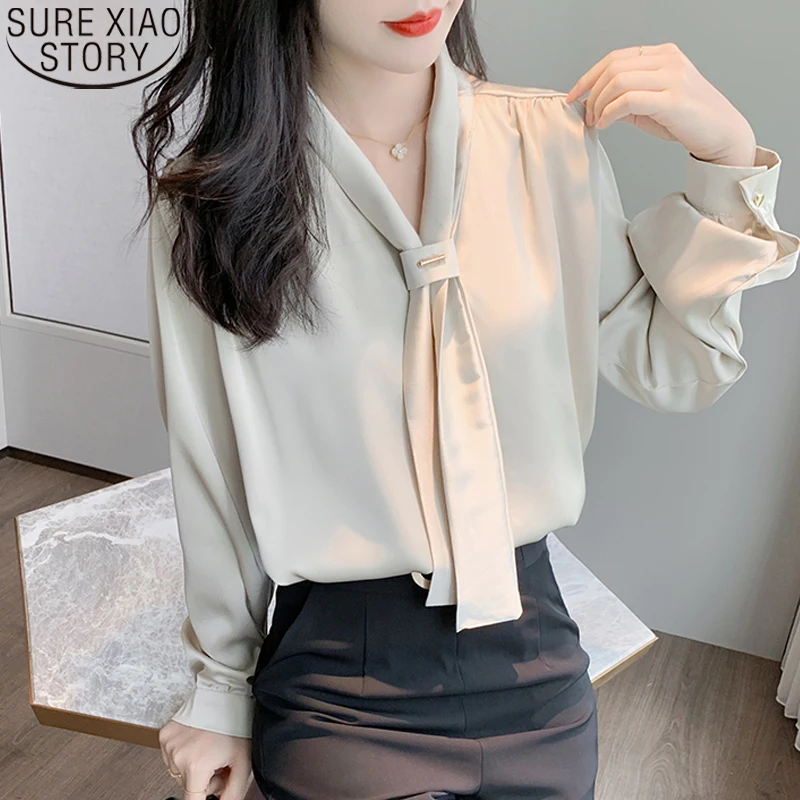 

Office Lady Long Sleeve Shirt Women Satin Shirt Autumn Chiffon Shirt OL Style Loose V-neck Womens Tops and Blouses Clothes 10842