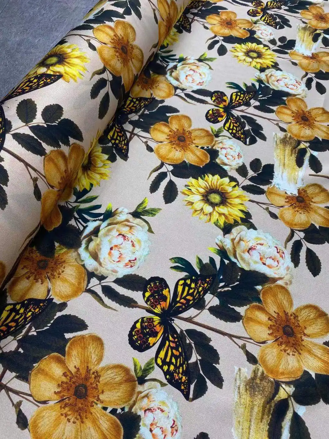 

Stretch silk faric spring and summer light-colored bottom yellow big chrysanthemum pattern silk shirt dress clothing cloth