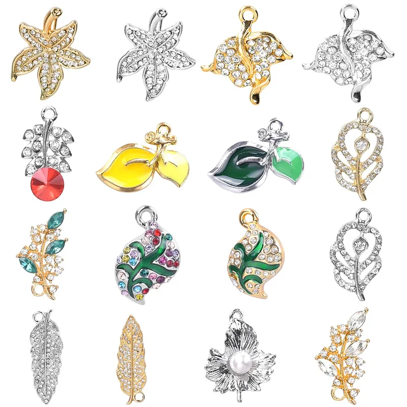 

5pcs Rhinestone Leaf Charms For Jewelry Making Supplies Green Foliage Crystal Pendant Charm Pearl Handmade Enamel Materials Bulk