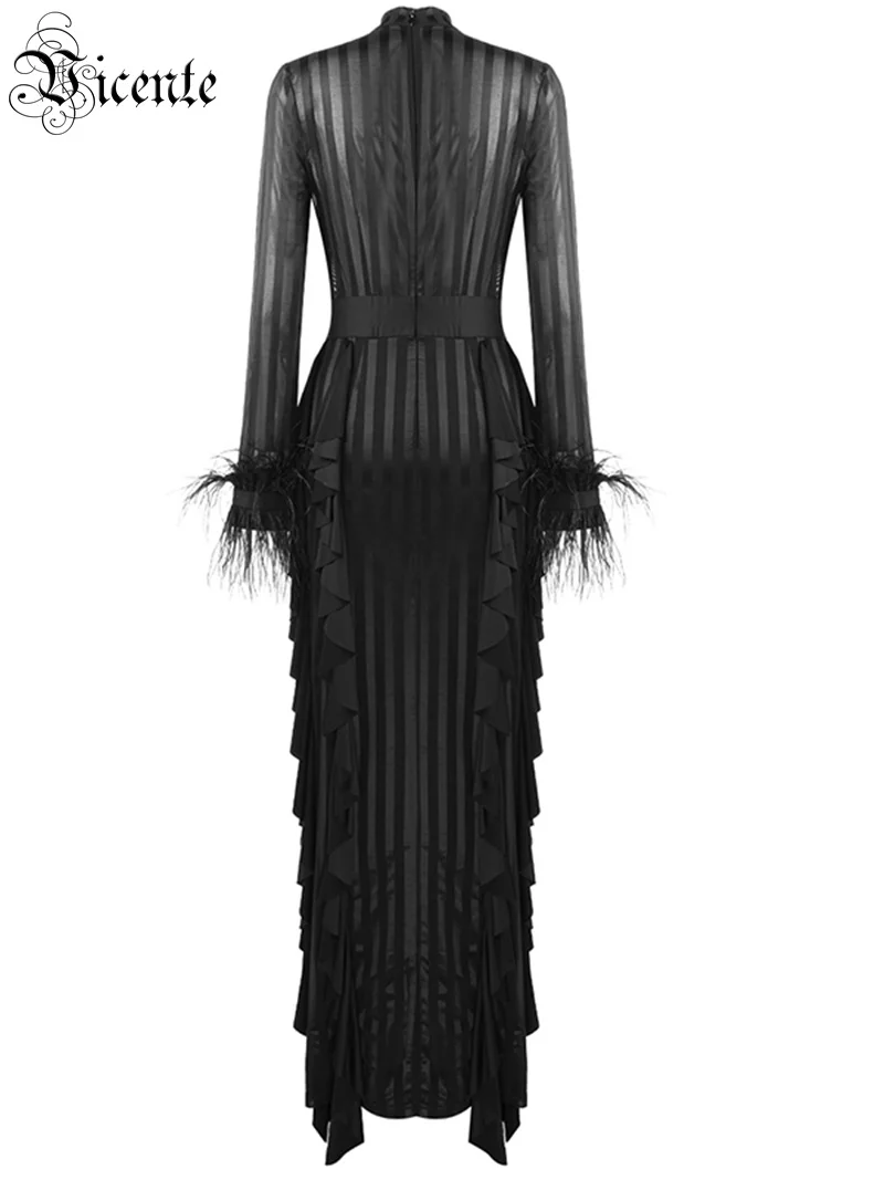 Модное Длинное платье с длинными рукавами в полоску сеткой со шнурками черное