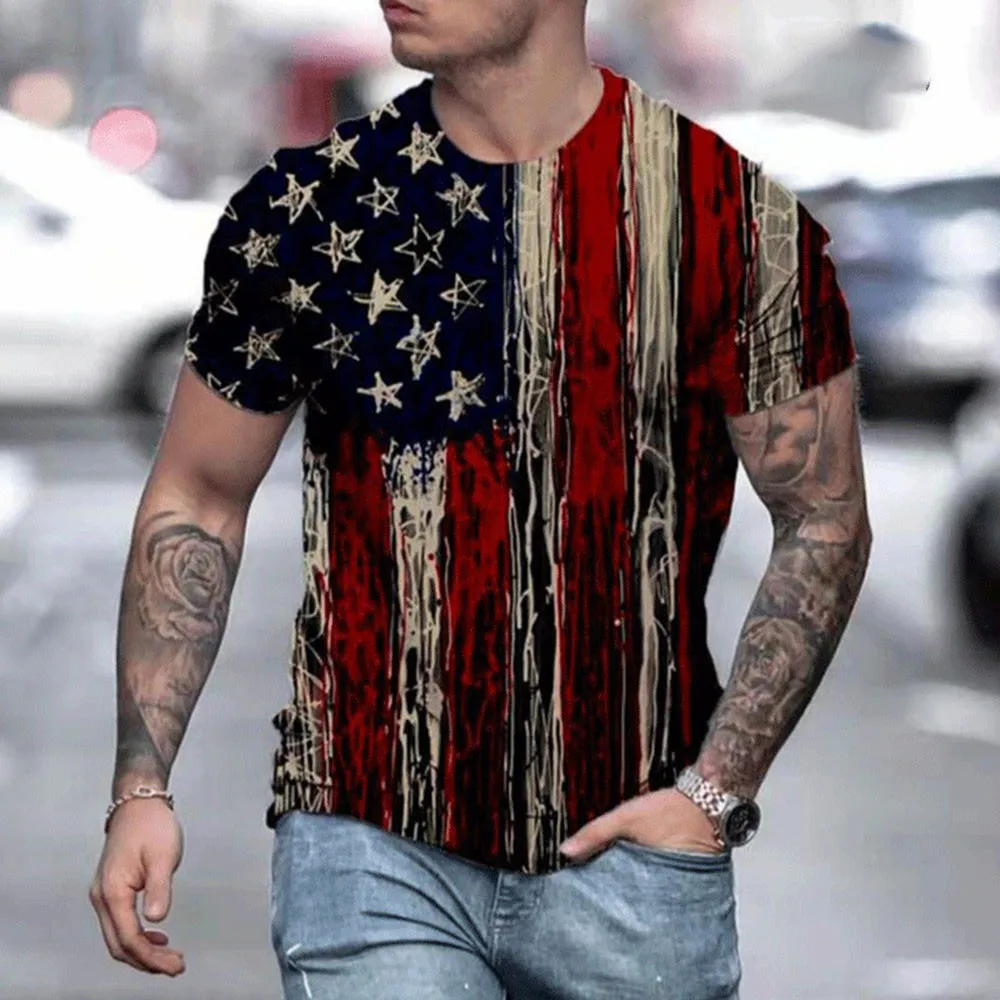 

2021 Summer American Flag Mens 3D Flag Printed Crew Neck Tees Tops Casual T-Shirt Sport Muscle Streetwear Clothing Man's Tshirt