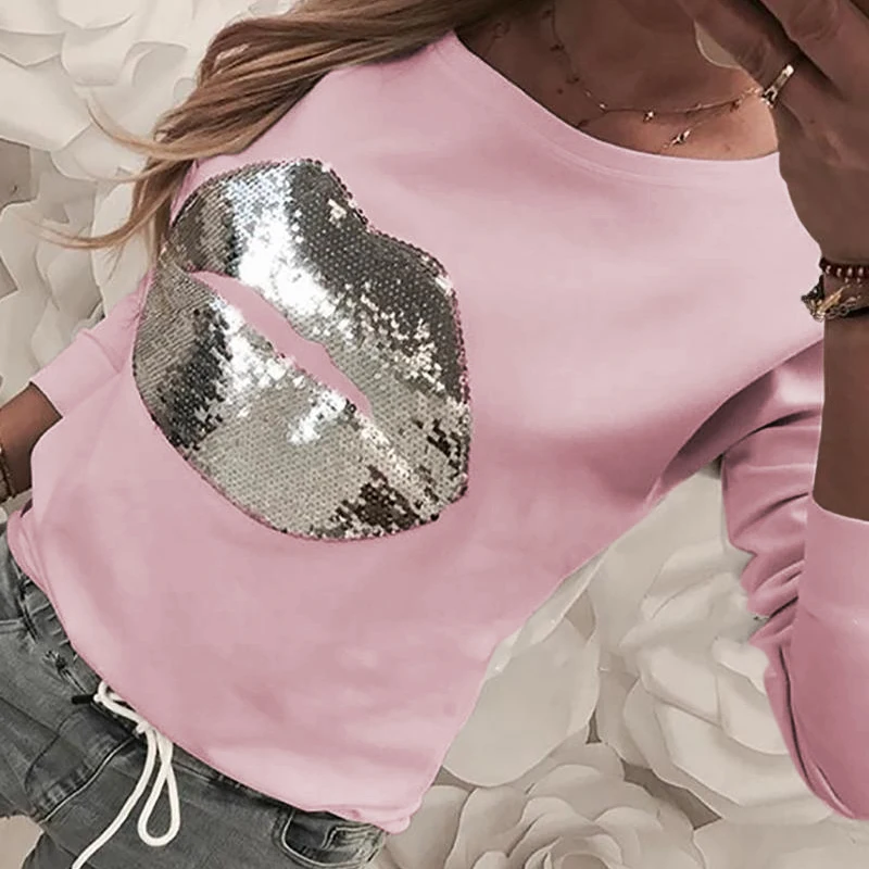 Sequins Pink Women Sequins Lips Print Fashionable Sweatshirt Autumn Leopard Long Sleeve Beading Hoodie Lady O-neck Kawaii Sweatshirt Hoodies - Цвет: Sequins Pink