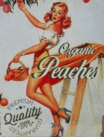 retro vintage organic peaches premium organic with pin up girl model home bar pub kitchen restaurant wall deocr plaque signs