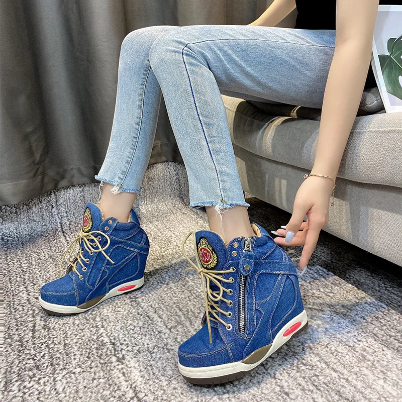 

Autumn 2020 personalized muffin with elevated thick bottom casual denim lace short boots for women