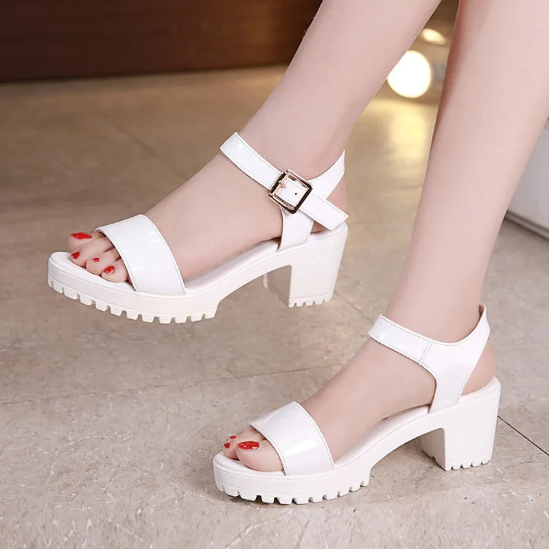 

Mid Heel thick heel sandals women's 2020 summer red patent leather thick bottom waterproof platform large size one button