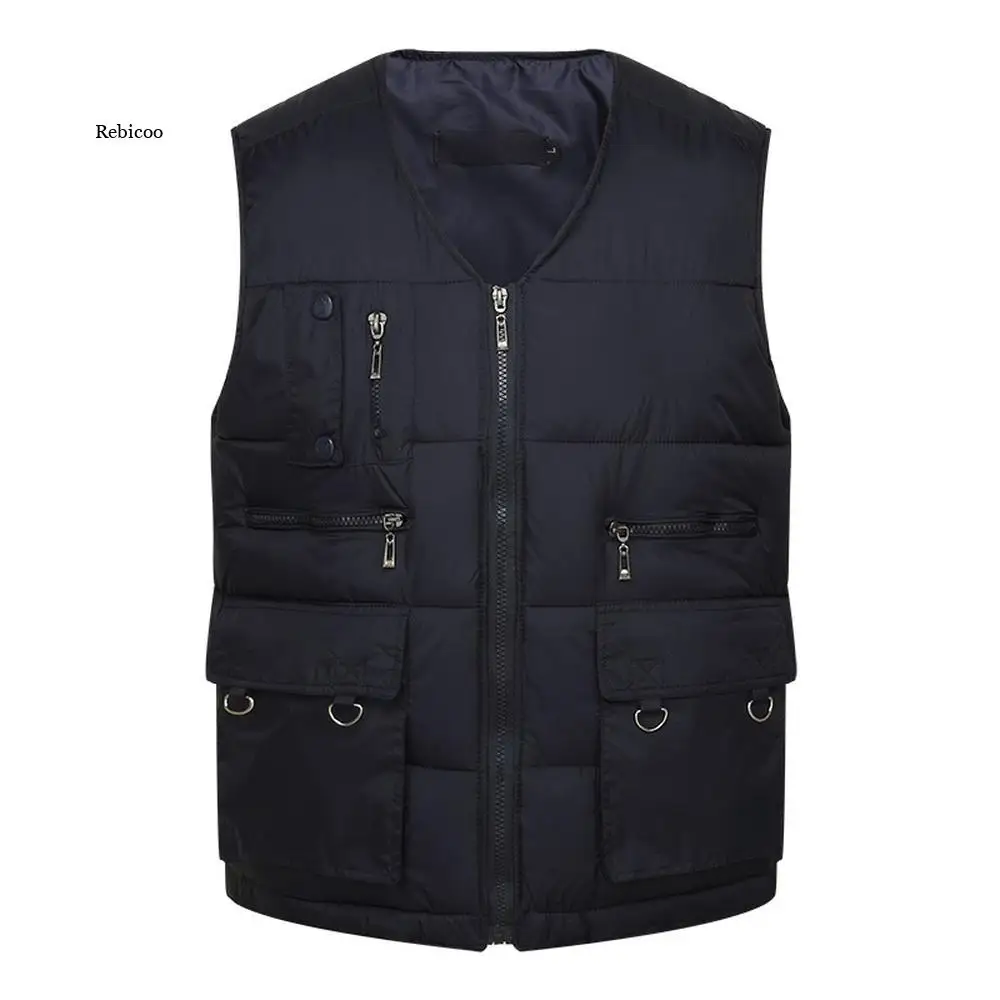 

Men Winter Cotton Warm Vest Waistcoat Male Sleeveless Jacket with Many Pockets Vest Casual Baggy Zipper