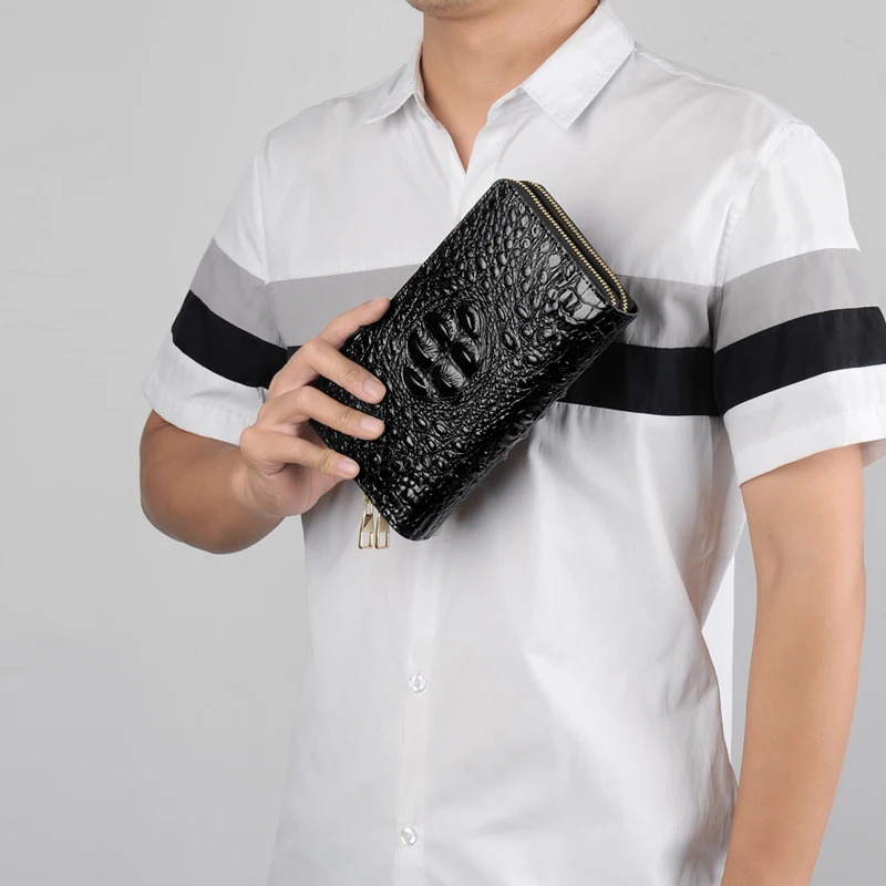 

Fashion men bag split leather business male large capacity double zipper clutch bags