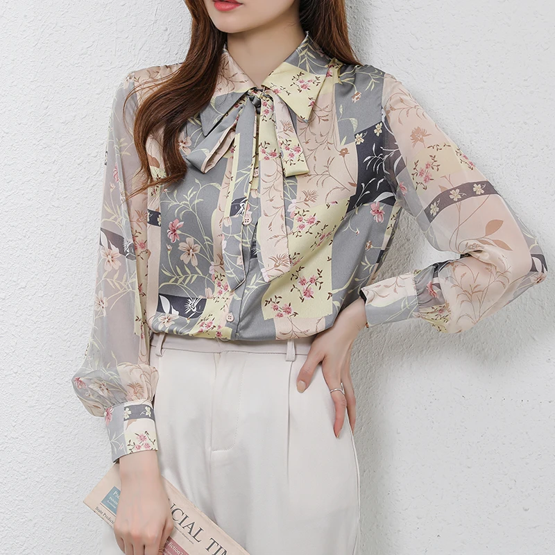 

Chiffon Women's Blouse Print Polo Girl's Shirt Spring Autumn Loose Long Sleeve Top Splicing Korean Office Lady Blusas