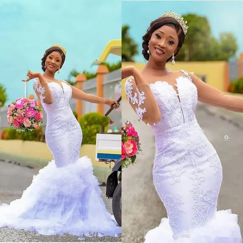 

Long Sleeve Mermaid Wedding Dresses 2021 Sheer Jewel Neck Lace Applique ruffles Tiered African Nigerian Garden Wedding Gown