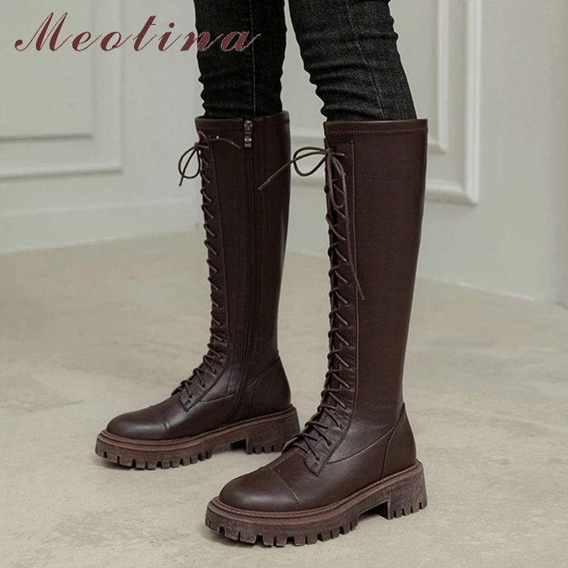

Meotina Women Real Leather Knee High Boots Thick Med Heel Platform Boots Round Toe Lace Up Zipper Ladies Boots Autumn Winter
