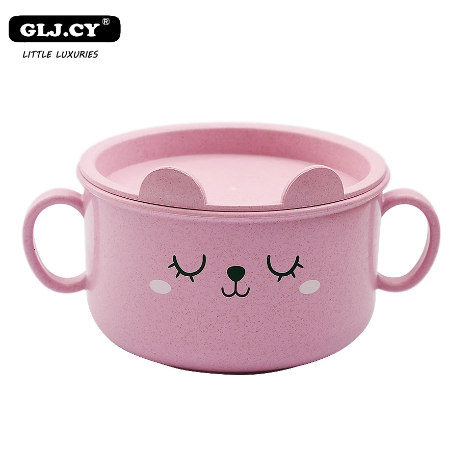 pink set Детская миска для кормления, детская посуда, милая мультяшная пшеничная соломинка, детский контейнер для еды, детская Нескользящая тренировочная миска - Color: pink set