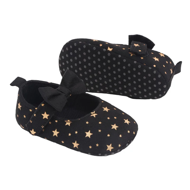 

New Hot Sale Fashion Baby Girls Princess Dress Shoes Anti-Slip Soft Sole Star Print Mary Jane Flats with Cute Bow First Walker