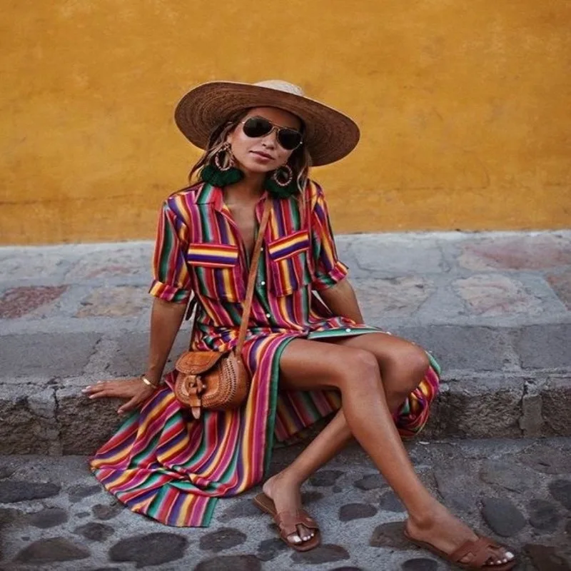 

ZOGAA 2021 New Turn-Down Collar Button Lace Up Long Shirt Dress Women Stripe Maxi Dresses Office Lady Plus Size Women Dresses