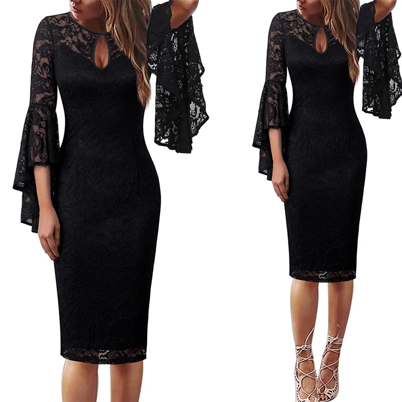 Black Lace 2 Vfemage женское сексуальное платье с вырезом-замочной скважиной спереди, цветочное кружевное платье с рюшами и расклешенными рукавами, коктейльное платье для свадебной вечеринки, Клубное тонкое облегающее платье-футляр 960 - Цвет: Black Lace 2