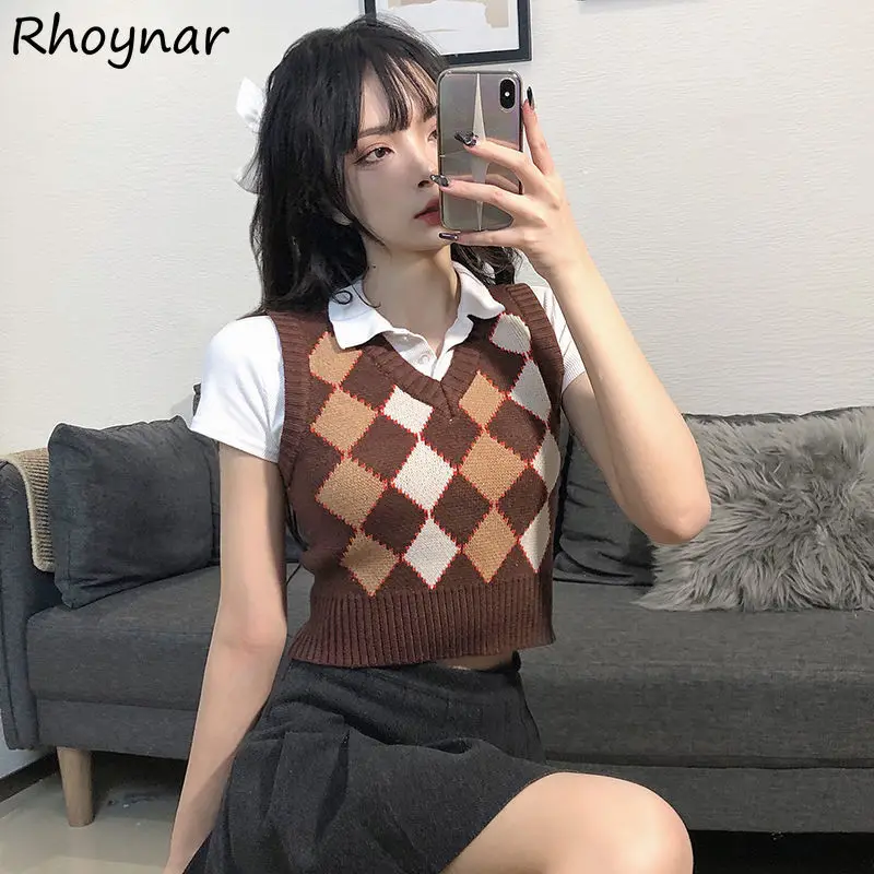 

Женский винтажный свитер, универсальный укороченный жилет в стиле преппи, без рукавов