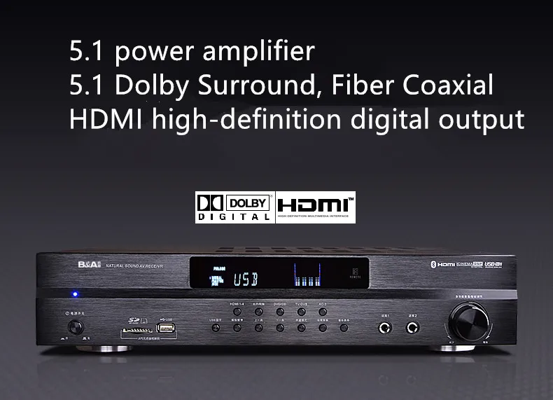 Усилитель мощности AV 5.1CH Dolby AC-3 Bluetooth HDMI декодирование DTS волоконный коаксиальный USB/SD усилитель домашнего кинотеатра 60F