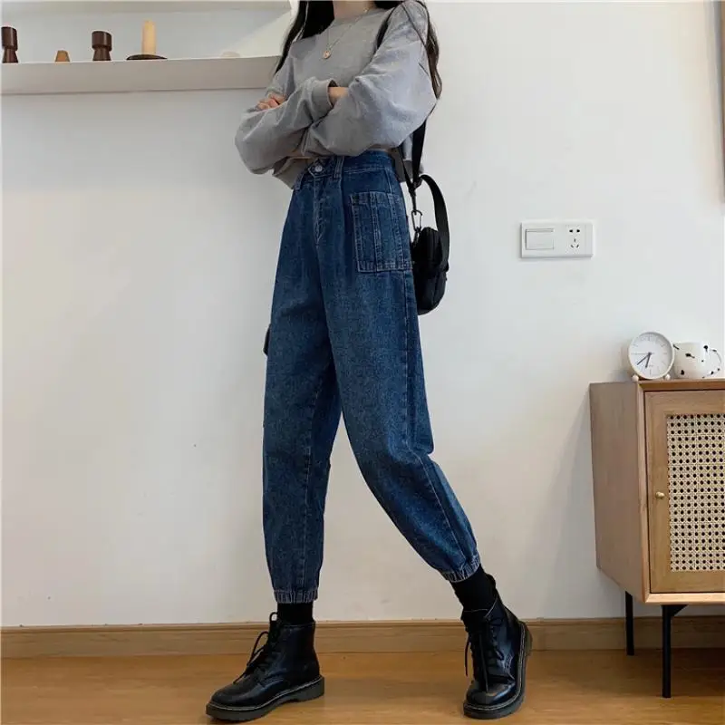 

Spring and autumn 2021 new high-waisted thin retro wild daddy pants student loose Harlan denim pants female trend