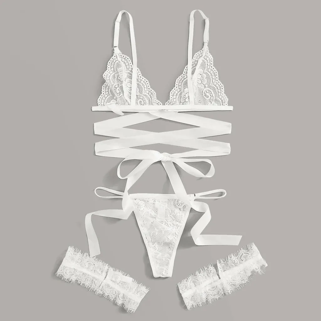 3 шт. комплект женского кружевного нижнего белья с бантом|Комплекты белья| |