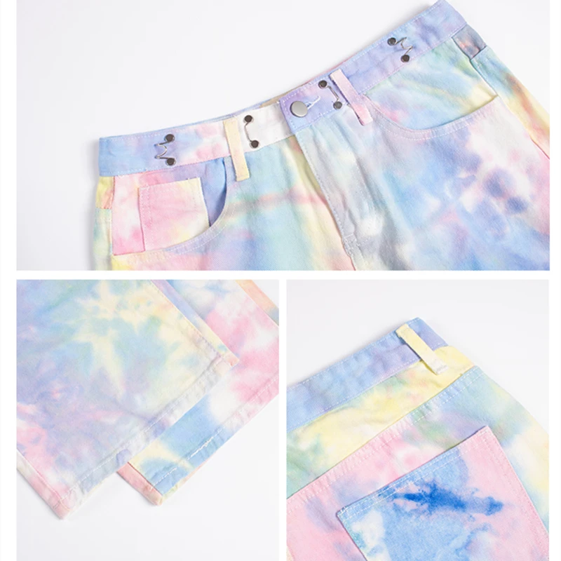 

Women Wide Leg Pants Fashion Rainbow Color Tie dye Denim Pants Casual Hihg Waist Trousers Korean Cool Girls Streetwear Pants