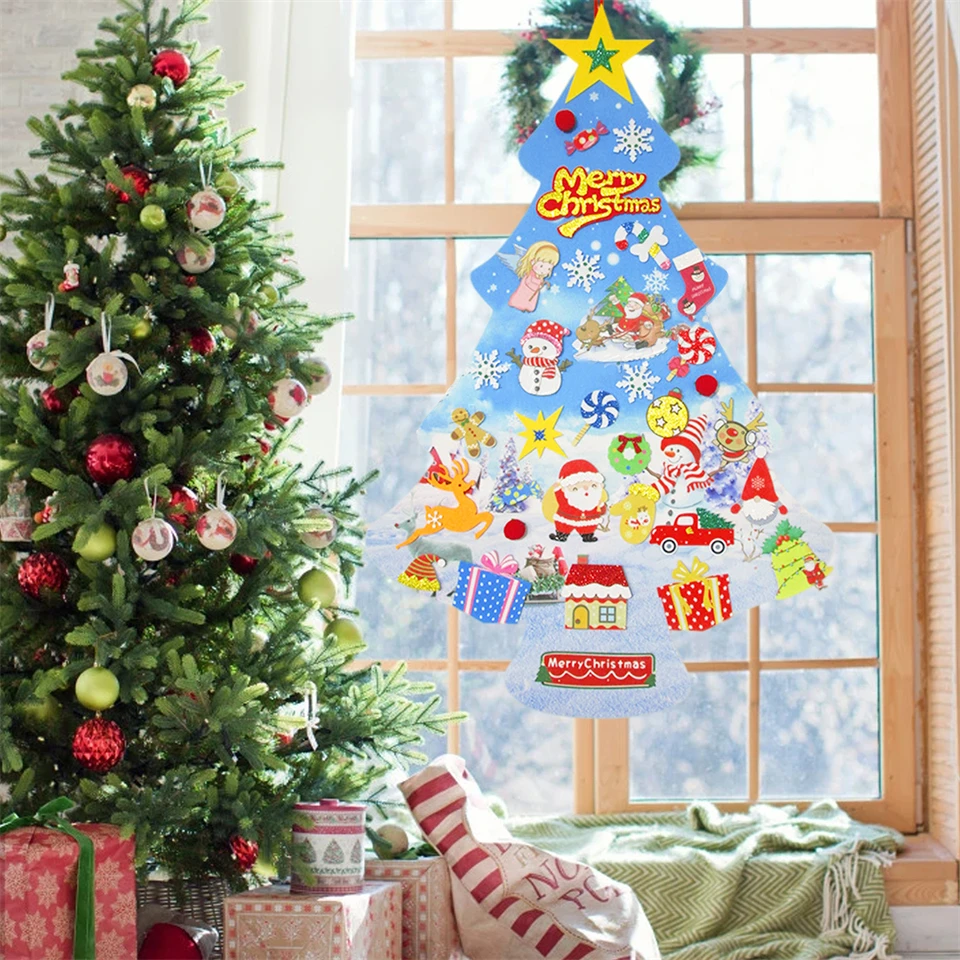 

Kids DIY Felt Christmas Tree with 33 Pieces of Ornaments Children New Year Gifts for Christmas 2021 Door Wall Hanging Decoration