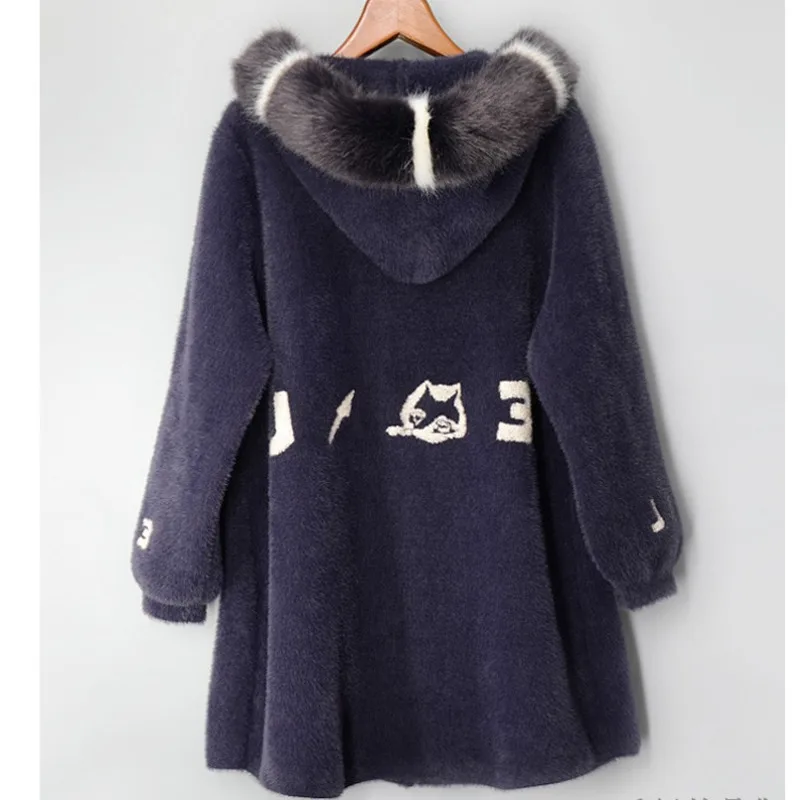 #7420 Winter Mohair Coat Women Loose Casual Knitted Sweater Coat Hooded Ladies Letters Thick Warm Long Cardigan Female Harajuku images - 6