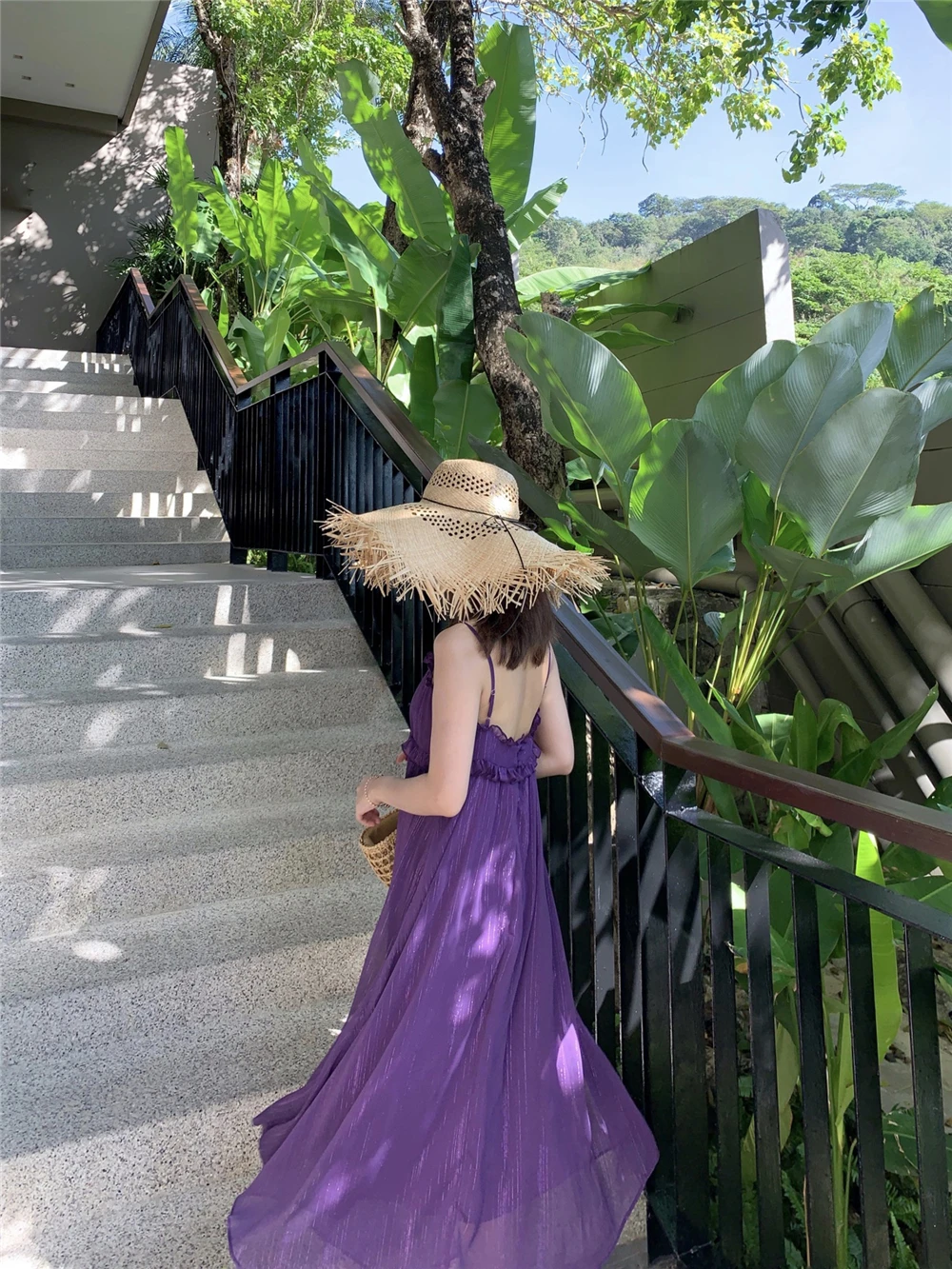 

Noble Streamer Purple Holiday Style Loose Back Strapless Beach Long Dress Sleeveless Strap Summer