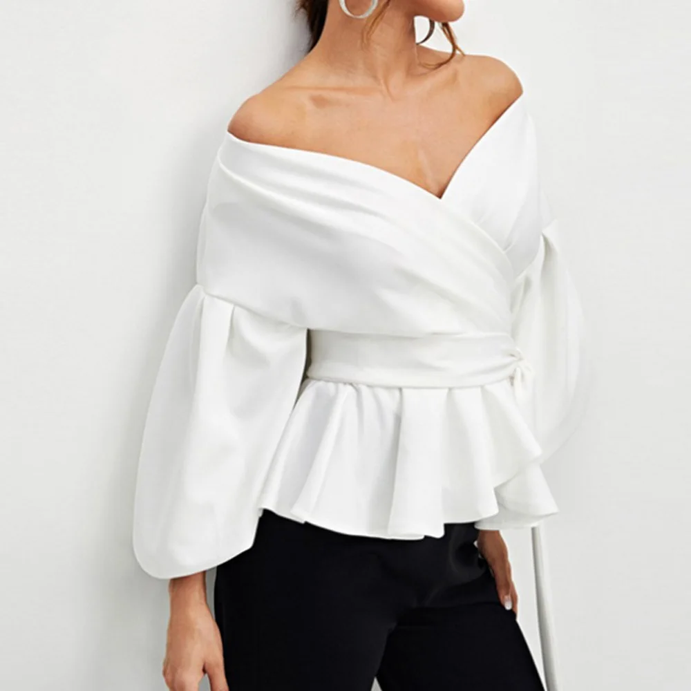 

Сексуальная рубашка с открытыми плечами, рукавами-фонариками и бантом на талии, с длинными рукавами для женщин, роскошная однотонная, темпе...