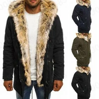 men winter warm outdoor coat hooded pocket parka jacket overcoat faux fur collar