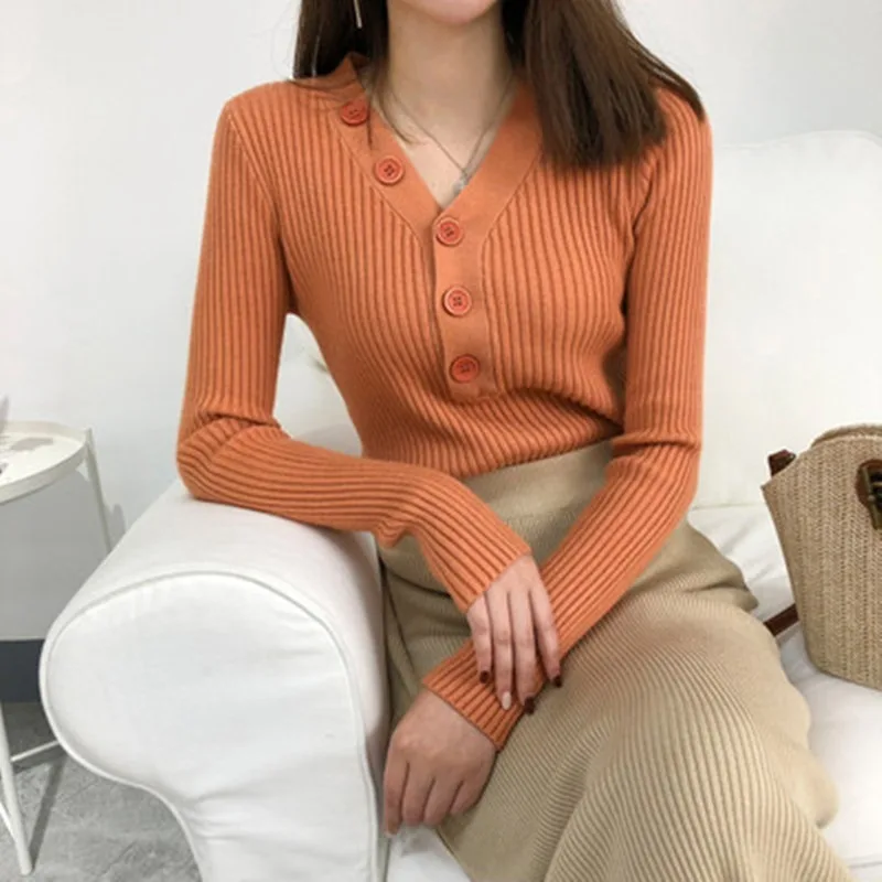 

Осень-зима 2020, свитер на пуговицах с V-образным вырезом, Женский базовый тонкий пуловер, женские свитера и пуловеры, вязаный джемпер, женские ...