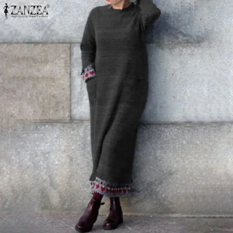 2020 ZANZEA женское винтажное платье с цветочным принтом весеннее круглым вырезом и