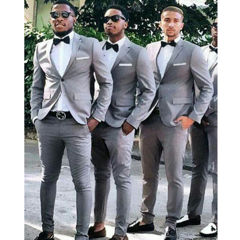 

Light Grey Wedding Tuxedo for Groomsmen Slim Fit Formal Men Suits Notched Lapel African Fashion Jacket with Pants Latest Style
