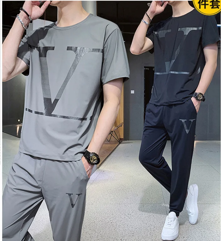 2020 New High-end Large Summer Ice Elastic Leisure Sports Suit Men's Handsome Short Sleeve T-shirt Men's Two-piece Set4XL,5XL