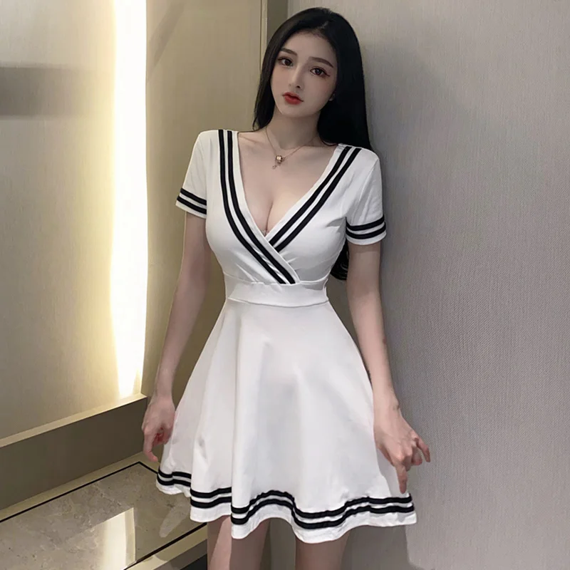 

Summer Internet Famous Sexy V-neck Push-Up Fashion Technician Short Sleeve Color Matching Night Club A- line Jum