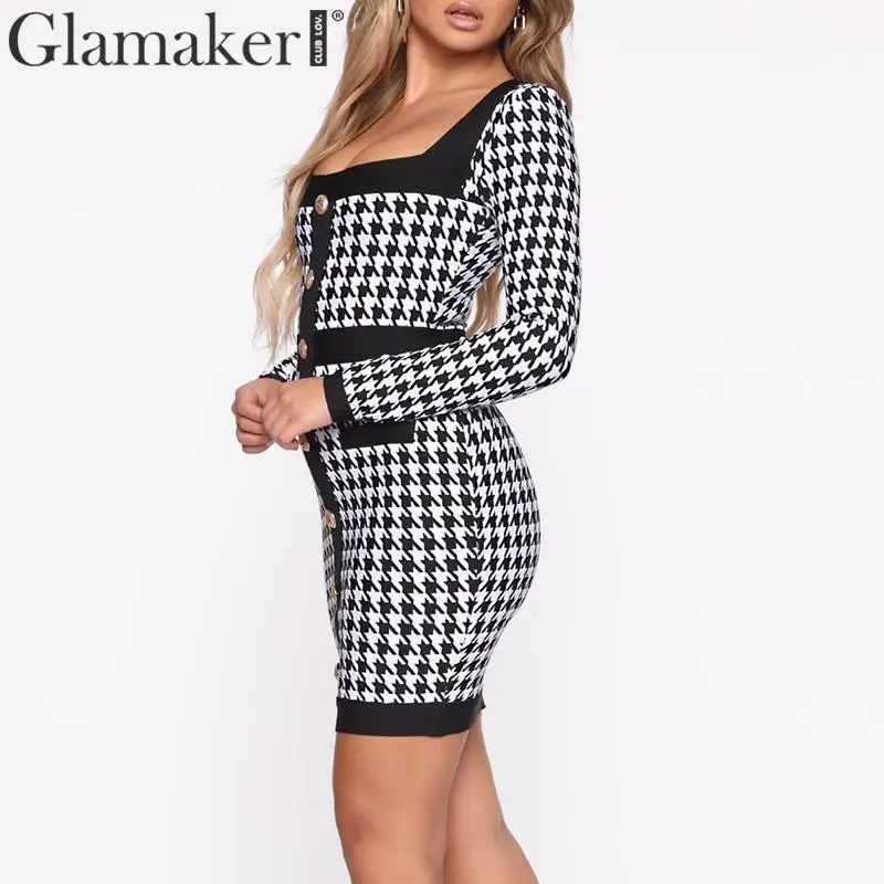 Женское облегающее платье в клетку Glamaker Клубное с длинным рукавом и квадратным