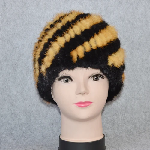 Cotton Lining Winter Lovely Real Mink Fur Hat Women Good Elastic Knitted Real Natural Mink Fur Beanies Caps Real Mink Fur Cap - Цвет: black and yellow