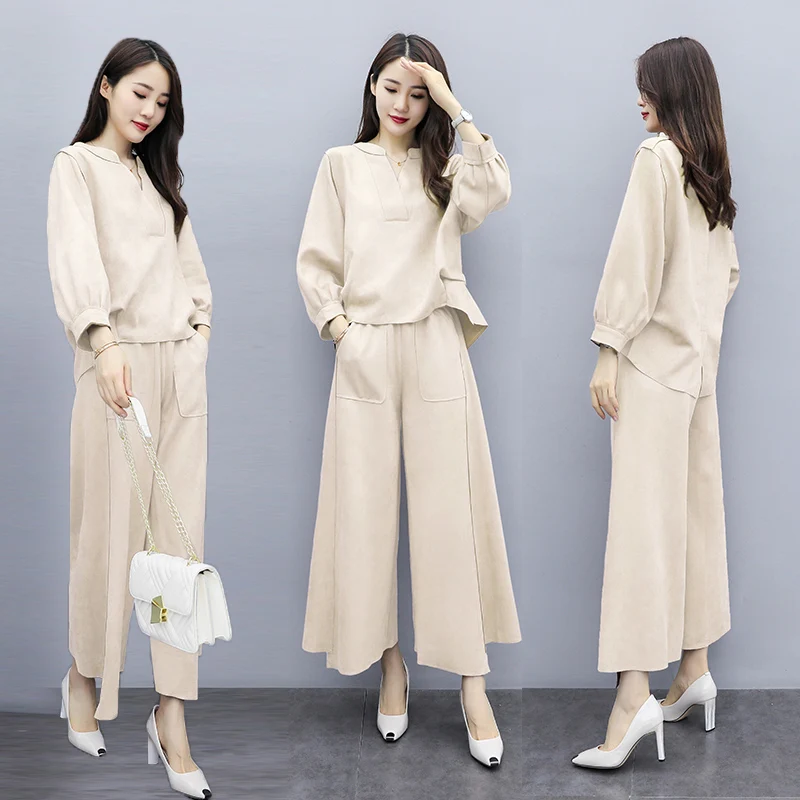 Новый женский костюм 2019 осень длинный рукав фонарь модный топ + широкие брюки OL